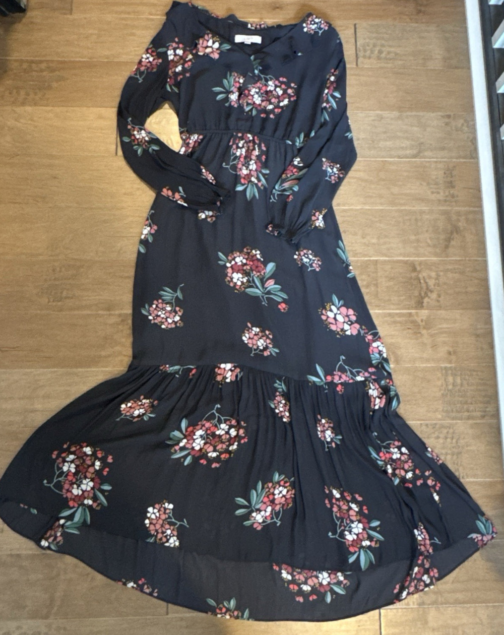 LOFT Floral Smocked Ruffle Maxi Dress Gray Long Sleeve Style 404708 Fall 2019 M